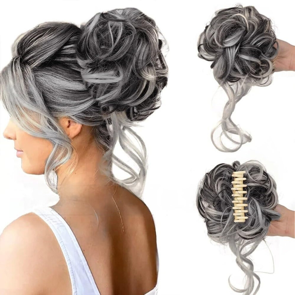 Unisex White,Silver Silver White Messy Curly Hair Bun Hairpiece For Women, Synthetic Heatresistant Instant Volume