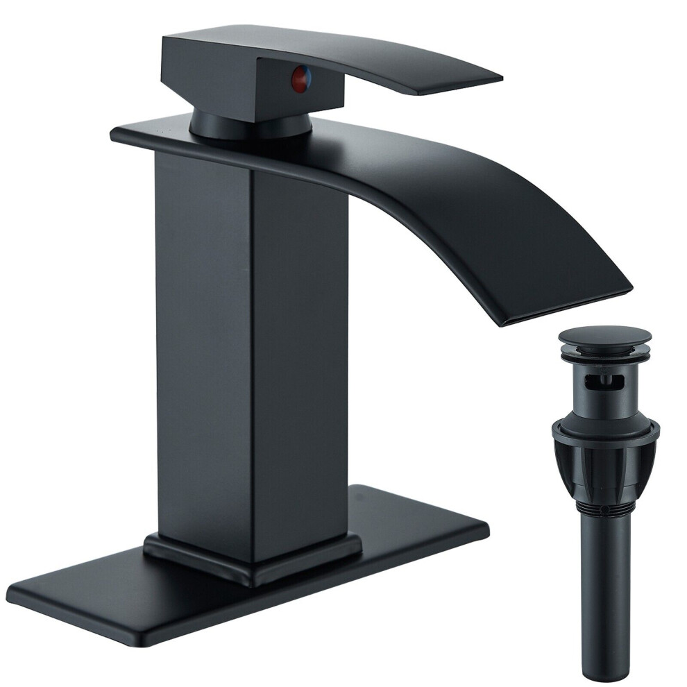 Bathroom Sink Faucet Black Waterfall Basin Vanity Mixer Single Handle With Drain 9130661597333