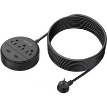 Long Extension Cord 15ft, Flat Plug with 3 Outlet 2 USB, ETL Listed, Wall Mount Charging Station for Home, Office, Dorm, Black