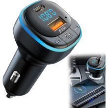 Bluetooth 5.0 FM Transmitter, Support 5V/3.1A USB + Type C, Bluetooth Car Music Player with Blue Mood Light, Support Hands-free Calling, U Disk