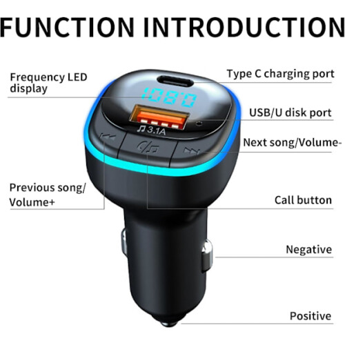 Bluetooth 5.0 FM Transmitter, Support 5V/3.1A USB + Type C, Bluetooth Car Music Player with Blue Mood Light, Support Hands-free Calling, U Disk 1