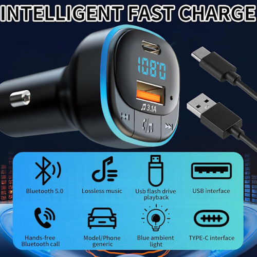 Bluetooth 5.0 FM Transmitter, Support 5V/3.1A USB + Type C, Bluetooth Car Music Player with Blue Mood Light, Support Hands-free Calling, U Disk 2