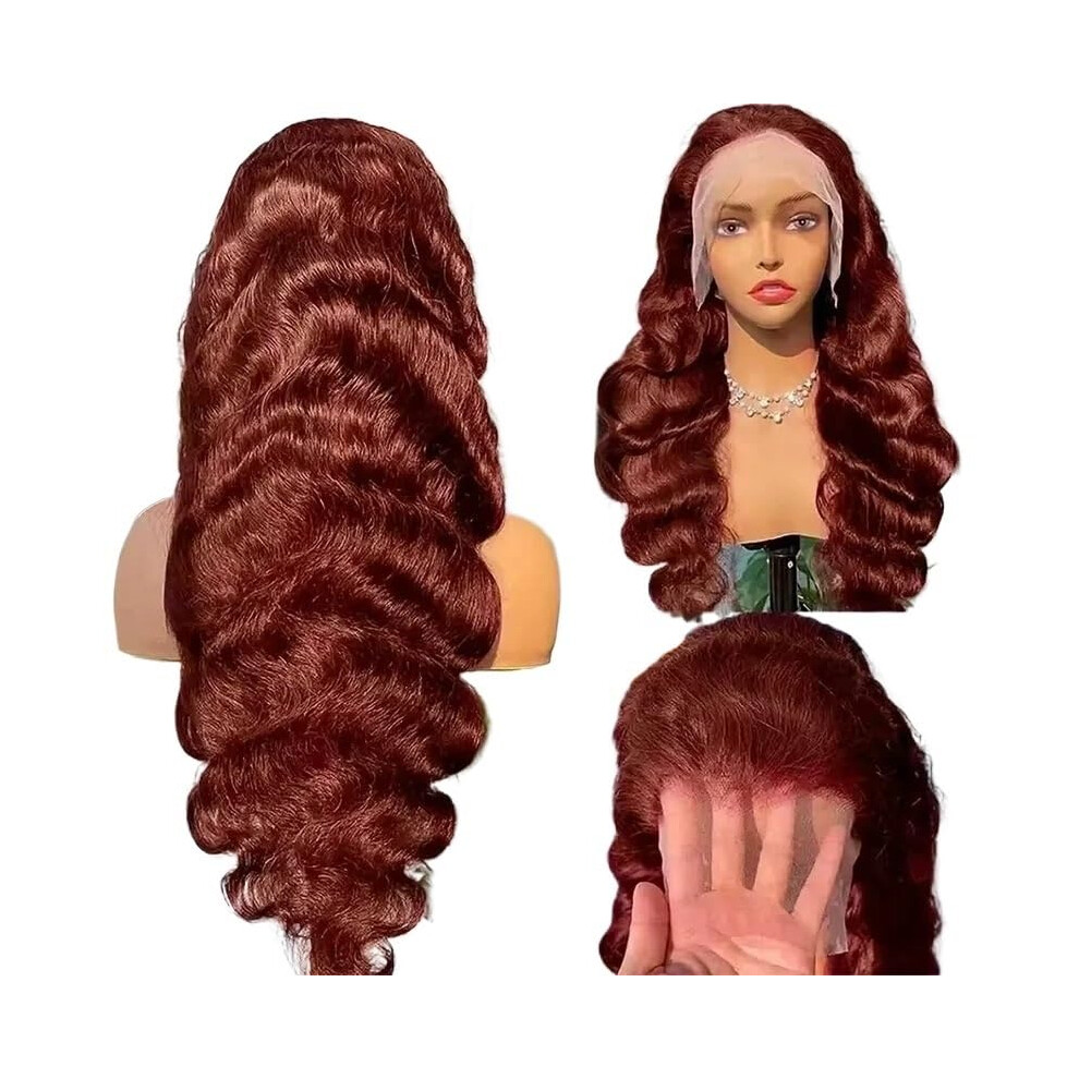 Unisex Brown 40 Inch Body Wave Human Hair Wig 200 Density Brazilian Lace Front Glueless Reddish