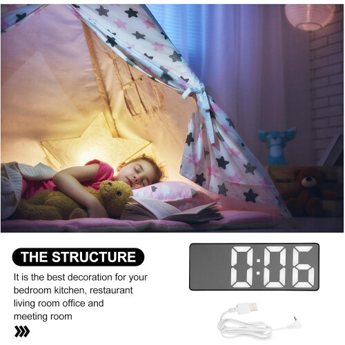 LED Mirror Alarm Clock with Clear Display Dual Power Modern Rectangular Black Frame for Bedroom 1