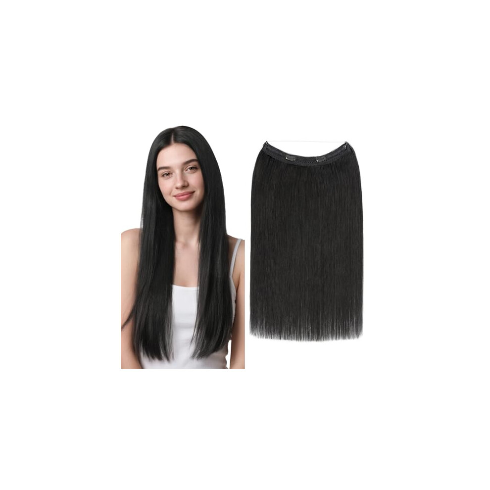 Unisex Black Halo Hair Extensions Real Human Hair Jet 15 Inch Clip In Remy Hairpiece With Adjustable Invisible Wire