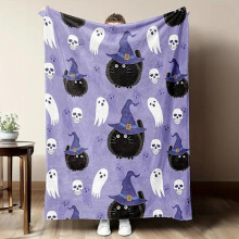 Pink & white ghost flannel blanket, 150x130cm, cozy throw for sofa/bed, Halloween home decor with cats and ghosts