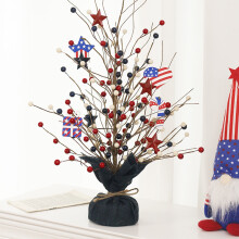 Lmueinov 18" Patriotic Table Tree Decor with Red, Blue, White Berries & Stars, Burlap Base, for Independence Day Home Holiday Sales