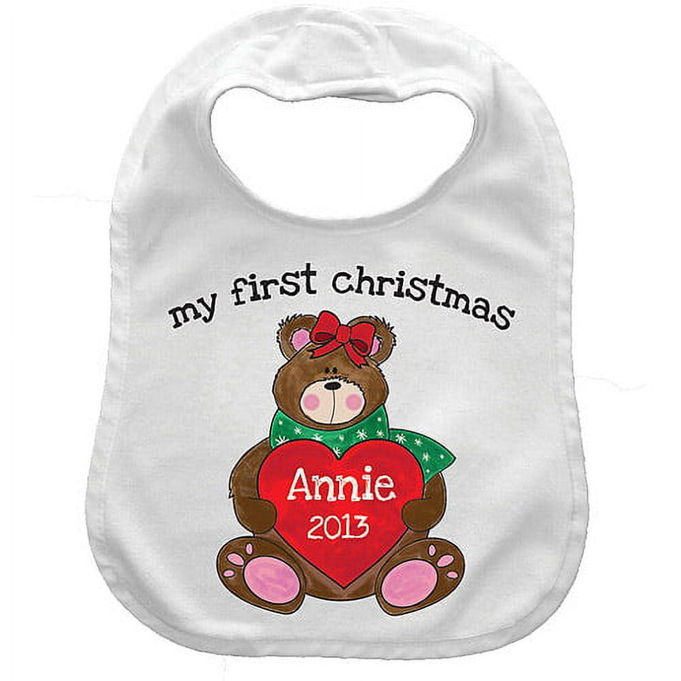 Personalized Baby Bib for Girls, First Christmas, White