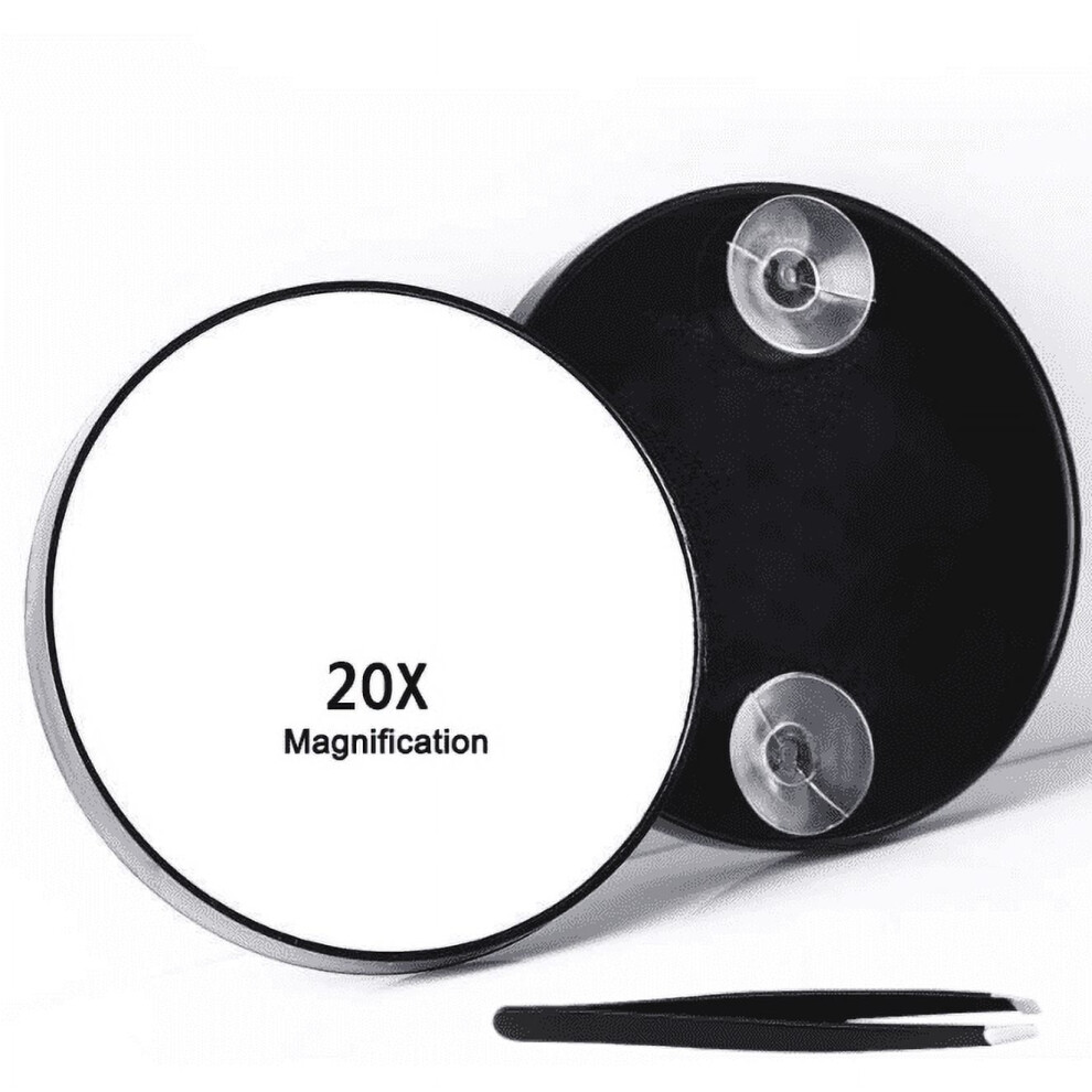 Black Wattne 20X Magnifying Mirror With 2 Suction Cups, 3.5 Inches Magnified Makeup Mirror And Slant Tweezers,