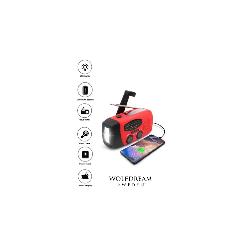 Crank Radio / Emergency Radio With Solar Cells, Flashlight, 2000Mah Powerbank Red 9418476319624