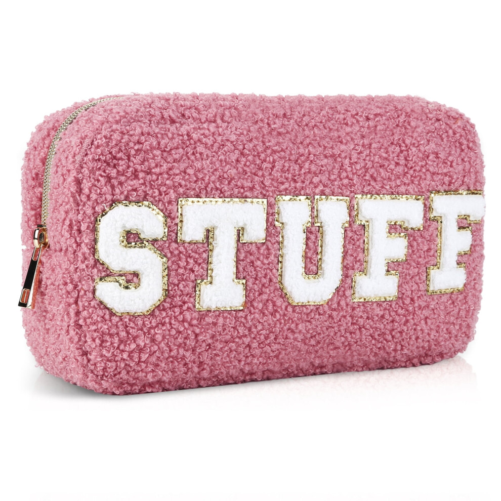 Pink Preppy Makeup Bag Chenille Letter Plush Cosmetic Bag Travel Toiletry Pouch(Pink)