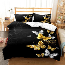 Black and Gold Butterfly Brushed Microfiber Duvet Cover Set with Pillow Shams, Breathable and Soft