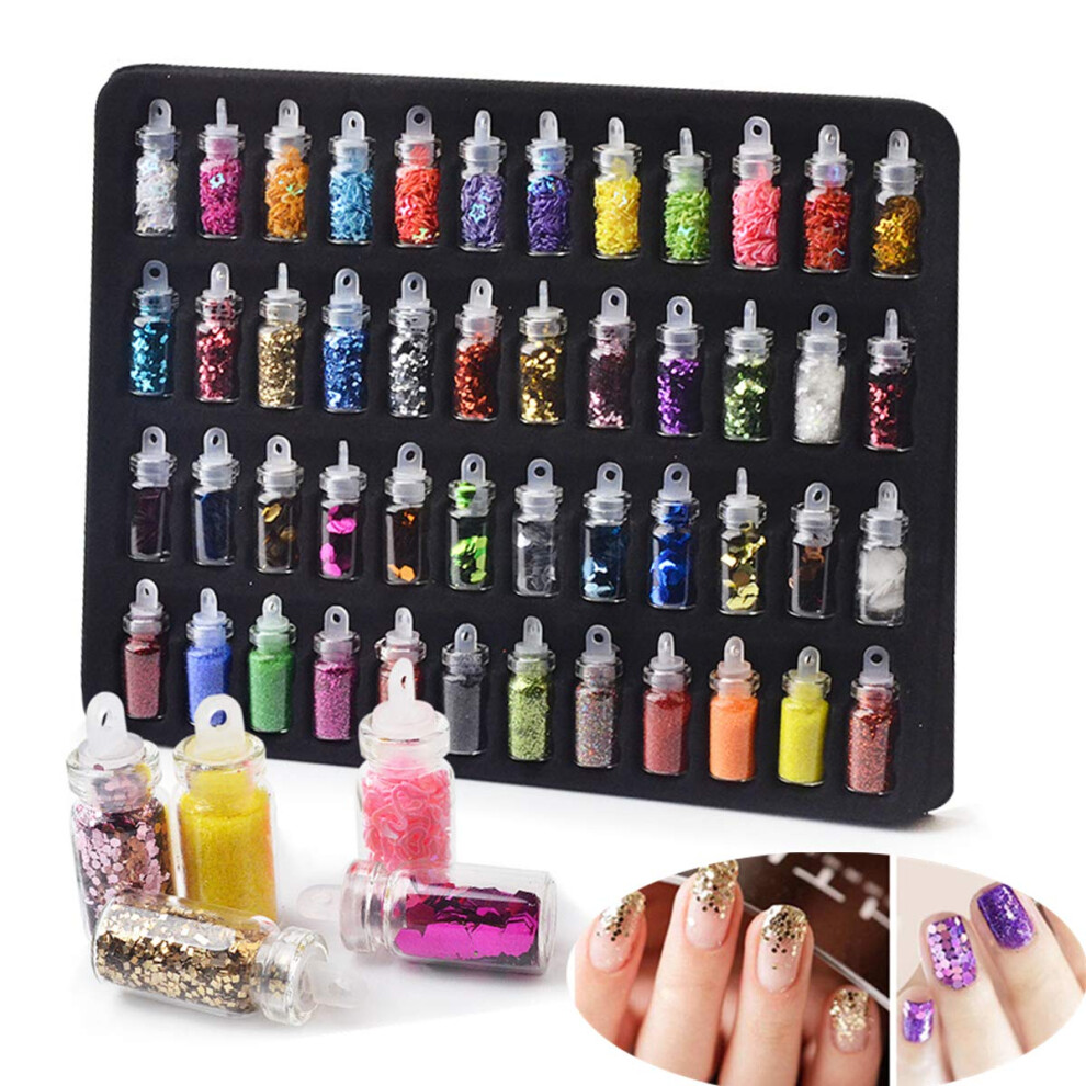 48 Bottle Nail Art Glitter Set with Aurora Mermaid Holographic Sequins, 48Color Sparkle Mix