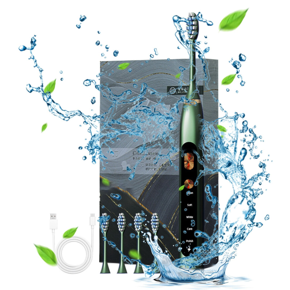 Green Txmfgh Ipx7 Waterproof Electric Toothbrush, 5 Modes, 15 Intensities, Usb Charging, Long Battery, Soft Bristles - Adult Oral Care