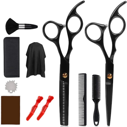 Hairdressing set with scissors, combs, clips, cape 11 pieces