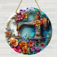 Floral Sewing Machine Acrylic Sign, 8" Round Decorative Wall Plaque for Home, Garden, Porch & Window - Contemporary Style