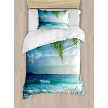 Ocean Duvet Cover Set Twin, Palms Tropical Beach Waves, 2PC Blue Green Turquoise Bedding with 1 Sham, by Ambesonne