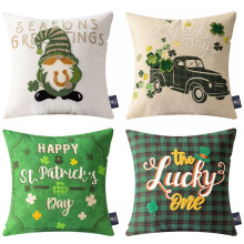 Phantoscope St. Patrick's Day Lucky Shamrock Clover Pom Pom Buffalo Plaid Decorative Throw Pillow, 18" x 18", Dark Green, 4 Pack