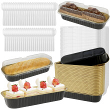 Evjurcn 150 Pcs Mini Cake Pans with Lids & Spoons, 200ml Non-Stick Aluminum Foil Baking Cups, Muffin Tins, Loaf Pans (Black)