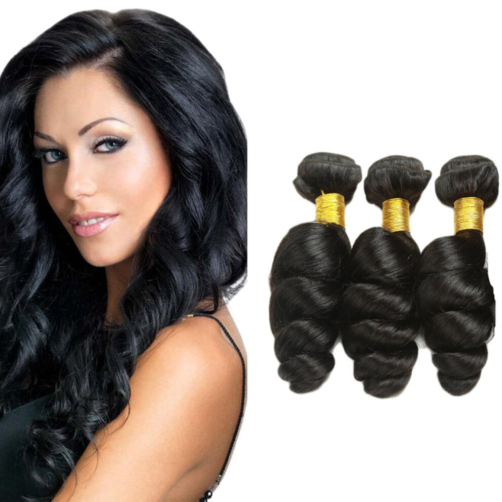 Unisex Black Brazilian Virgin Loose Wave Hair Extensions 3 Bundles Natural Double Weft, Tangle
