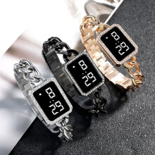 SUSUchens Electronic Watch Multifunctional Life Waterproof Touch Control Women Fashion Square Rhinestone LED Digital Watch for Daily Wear Silver