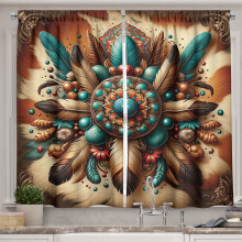Ambesonne Rustic Kitchen Curtains, Boho Earthy Feathers Mandala, 55"x24", Teal Cinnamon Brown