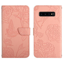 Case for compatible with Samsung Galaxy S10, Anti-drop Shockproof PU Leather Flip Cover with Wrist Strap, Flowers and Butterflies Design