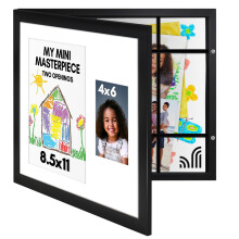 Kids Art Frame with Storage, Dual Display for 8.5x11 Artwork and 4x6 Photo, Black Wall Mount