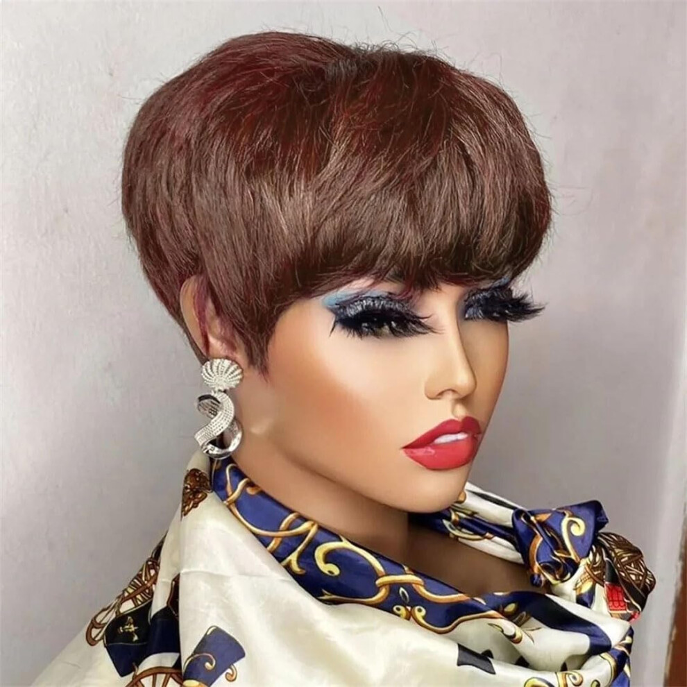 Unisex Brown Human Hair Pixie Cut Wig With Bangs, 6 Inch Brazilian Straight Short Wig For Natural Look