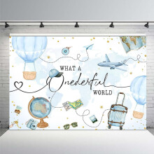 Travel Theme Boy 1st Birthday Backdrop, What a Onederful World Blue Adventure Begins, Airplane Photography Background, 7x5ft, compatible with party