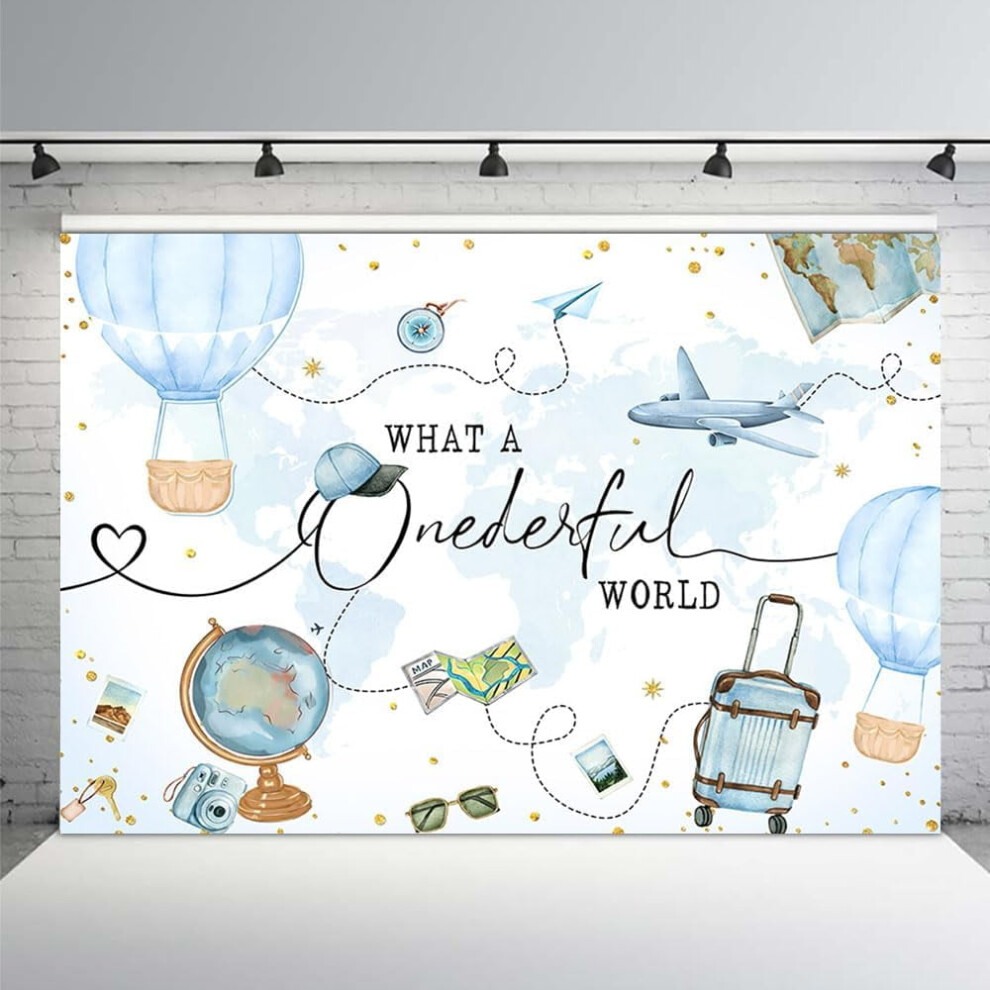 Travel Theme Boy 1St Birthday Backdrop, What A Onederful World Adventure Begins, Airplane Photography Background, 7X5ft, Compatible With Party Blue 9009879032984