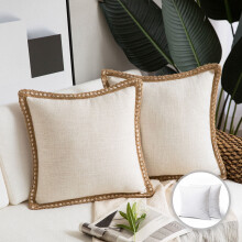 Phantoscope Farmhouse Burlap Linen Tailored Edge Series Decorative Throw Pillow, 18" x 18", Off White, 2 Pack