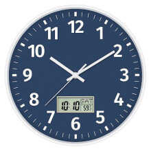 Digital wall clock with time, day of the week and temperature, silent, non-ticking, battery-operated, round