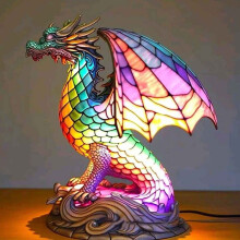 SDJMa 8" Dyed Resin Base Table Lamp with Stained Glass Dragon