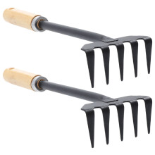 2Pcs Gardening Rake Small Hand Rake Iron Garden Rake Wood Handle Leaf Hand Rake Gardening Tool