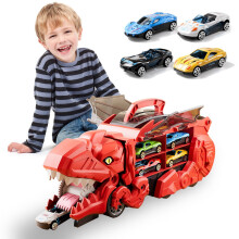 Christmas Clearance: Transforming Dinosaur Truck Toy with Race Track, 4 Cars, Double Transformation, Swallowing Feature & Storage - Compatible with