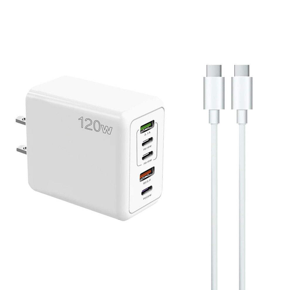 120W Fast Charger With 5 Ports (3Pd+2Usb) For Multiple Devices, Compatible With Iphone, Samsung - Us Adapter White 9130661614931