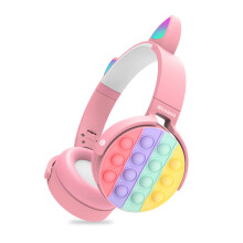 Fidget Wireless Bluetooth Headphone Toy for Kids and Adults, Pop Bubble On-Ear Headset in Rainbow Colors (Cyan-Cat)