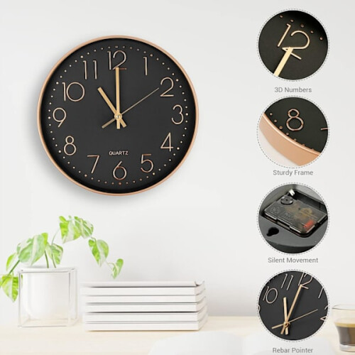 Modern Silent Quartz Wall Clock 25cm, Oversized Numbers Round Wall Clock (Rose Gold) 2