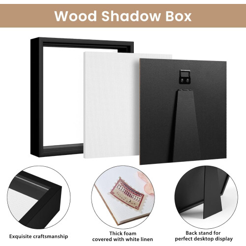 8x8 Black Shadow Box Frame with Linen Back, Push Pins, Wall Mount Memory Display Case for Keepsakes 1