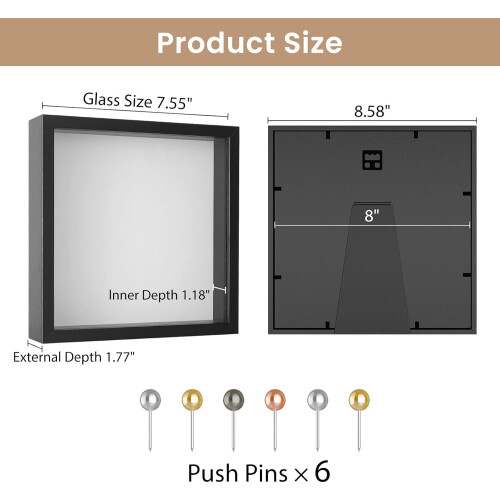 8x8 Black Shadow Box Frame with Linen Back, Push Pins, Wall Mount Memory Display Case for Keepsakes 2