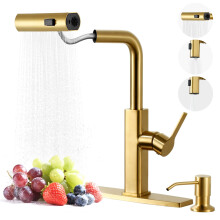Brushed Gold Kitchen Faucet with Pull Down Sprayer, Single Handle and Soap Dispenser for RV