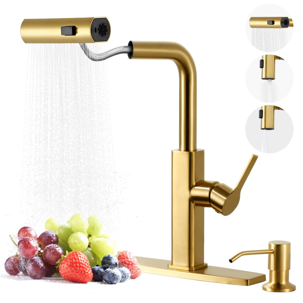 Brushed Gold Kitchen Faucet With Pull Down Sprayer, Single Handle And Soap Dispenser For Rv 9455672616096