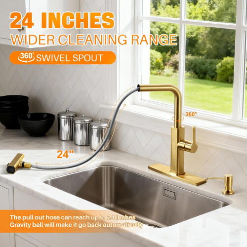 Brushed Gold Kitchen Faucet with Pull Down Sprayer, Single Handle and Soap Dispenser for RV 2