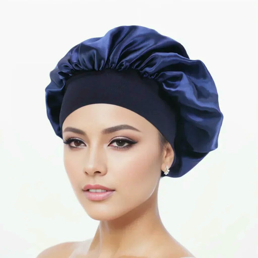 Satin Wide Brim Sleep Cap for Curly Hair, Hair Bonnet for Women and Men, Frizz Control Navy