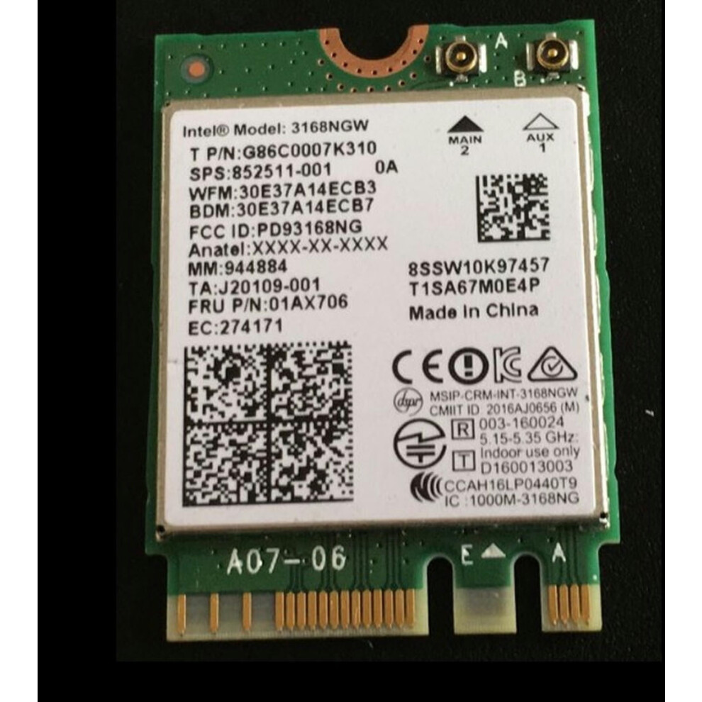 For Card For Ac 3168Ngw 802.11Ac 433Mbps 2X2 + 4.2 852511-001 9180479503262