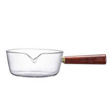 Glass Milk Pot with Wooden Handle & Pour Spouts for Food & Tea