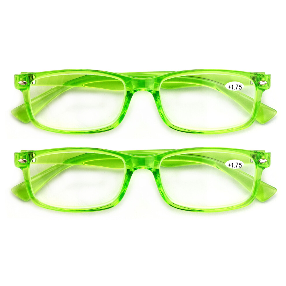 Green 2 Pairs Casual Fashion Rectangular Reading Glasses - Stylish Simple Readers Rx Magnification - Translucent Neon +3.25
