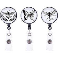 3Pcs Retractable Badge Reel with Alligator Clip, 360 Swivel ID Holder Compatible with Bee Butterfly Dragonfly Design for Office, Doctor, Nurse