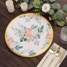 Efavormart 6 Pack White Pink Peony Flowers Print Disposable Serving Trays with Gold Rim, 13" Round Cardboard Paper Charger Plates - 700 GSM